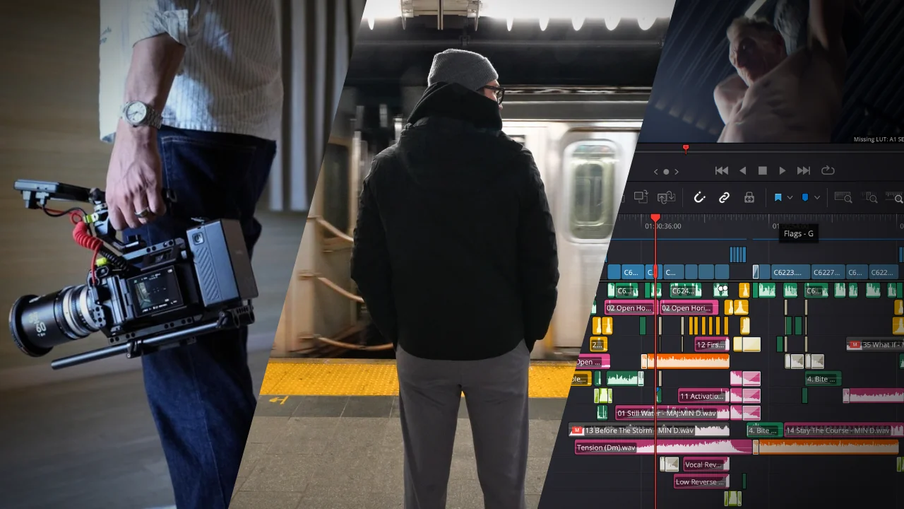Three frames from the course: a handheld cinema camera rig, a figure waiting on a subway platform, and a DaVinci Resolve edit timeline